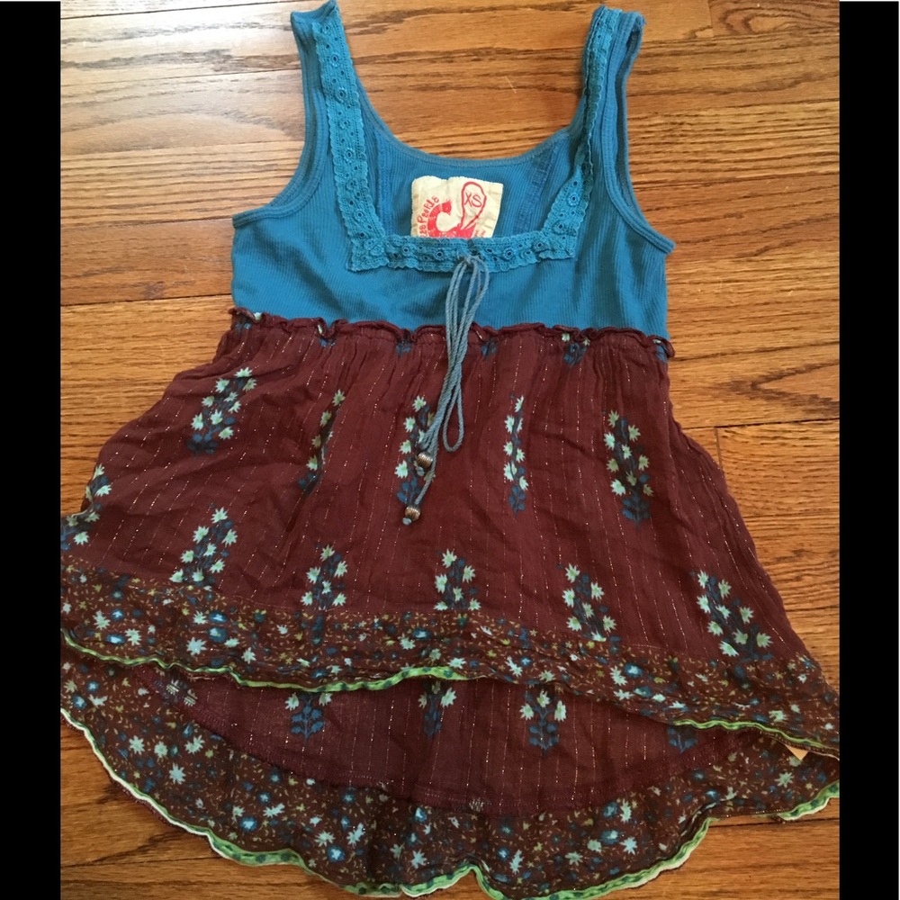 Free People Blue Tank Top with Brown Floral Skirted Hem